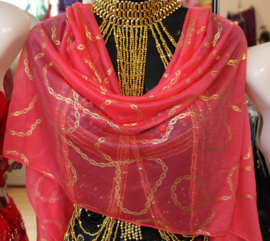 ROZE sjaaltje met een vleugje ORANJE / ZALMROZE rechthoekig met GOUDEN ketting motief opdruk - SALMON PINK shawl, rectangular, with GOLDEN chains print