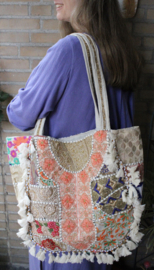 Banjari Indian Bohemian Hippy Bag WHITE11 GOLD FLUORESCENT ORANGE PEARL FLOWERS, tassels and beads decorated