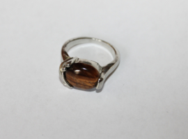 ZILVEREN ring met BRUINE tijgeroog steen - diameter 17 mm ringmaat 53 cm