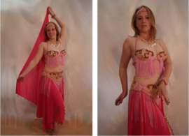 6-piece fully sequinned bellydance costume SOFT PINK with GOLDEN curly design