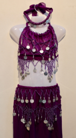 5-8 years old 3-piece bellydance Harem costume girls / boys : top + headband + harempants PURPLE SILVER - Costume serail fille /garçon 5 - 8 ans