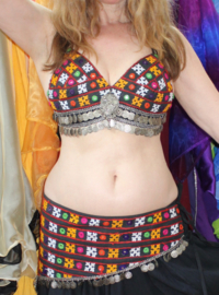 Tribal fusion Indian Gypsy bellydance costume BLACK, RED YELLOW MULTICOLOR, mirrors and band decorated