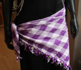 Driehoekige geruite sjaal met franjes, muntjes, kraaltjes, bedeltjes PAARS LILA, ZILVER-draad  - Wild west shawl PURPLE LILAC SILVER thread