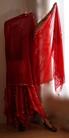 M L XL XXL - 2-piece Gypsy set RED SILVER skirt + veil chiffon and satin, silver sequins embroidered