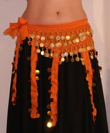 L, XL - Bellydance hipscarf ORANGE swirling fringe, chiffon GOLD decorated