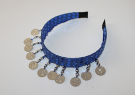 Glitter Diadeem haarband KONINGS BLAUW met ZILVEREN muntjes en kraaltjes Tiara voor meisjes en dames - one size