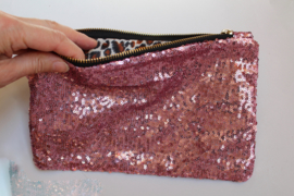 Glitter pailletten party tasje, make up tasje, toilettas met rits VIEUX ROSE - Fully sequinned glitter purse PALE PINK, with zipper for make up or party outfit