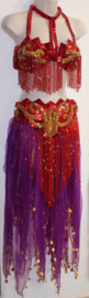 Fully sequinned 5-piece bellydance costume RED GOLD, beaded fringe decorated