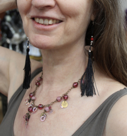 Fantasy 1 - Fantasy Necklace, chain, SILVER, shades of PINK  with coins, flowers and beads