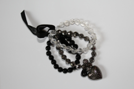 3-piece beaded charm bracelet set BLACK, SILVER, TRANSPARENT, with hearts
