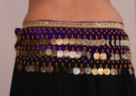 Fluwelen Buikdansgordel met kralen, haakwerk, muntjes, glinsterband PAARS GOUD -  G54  M/L/ XL - Crocheted Coinbelt for bellydancing, beads, coins and glitter band decorated, PURPLE GOLD