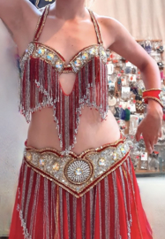 Crystal Circle 3A - Complete super shiny 7-pce Bellydance costume Crystal Collection RED, SILVER, GOLD, STRASS diamanté, Small Medium