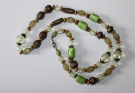Long beaded necklace OLIVE shades of GREEN and COPPER-GOLD