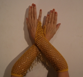 H6g one size - Traditional bellydance arm cuffs : 1 pair of sparkling YELLOW bellydance-gloves, crocheted/knitted with GOLDEN beads, glittering