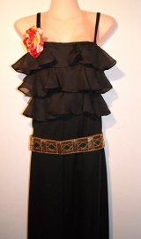 36-38 - BLACK long evening dress, with 3 flounces / ruffles at the top