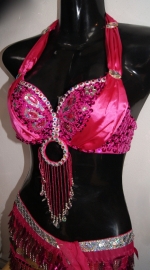 Pailletten en kralen bh halter model FUCHSIA ZILVER met satijn en ring versiering - Maat 34 / 36 -  Size 34 / 36