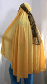 BLACK, rectangular, lace veil, GOLDEN flowers embroidered + matching hip shawl /headband - 240 cm x 105 cm