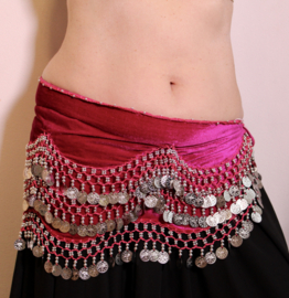 G55 - FUCHSIA BRIGHT PINK Velvet hipbelt, crocheted decorated with SILVER coins, beads