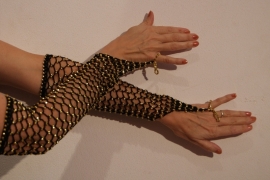 Handschoenen gehaakt ZWART met GOUDEN kralen - H1Gold - Small Medium - Crocheted beaded gloves BLACK GOLD