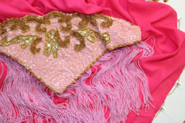 6-piece fully sequinned bellydance costume SOFT PINK with GOLDEN curly design