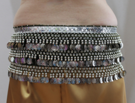 OLIVE GREEN coinbelt for bellydancing, soft velvet, abundantly decorated with SILVER beads, coins and glitter band - one size fits S, M, Small, Medium