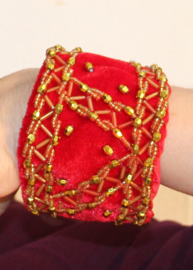 4-piece Cleopatra head gear: RED veil +headband + 2 wristbands velvet RED with GOLD