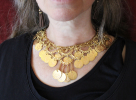 Golden metal necklace,  coins necklace, choker, decorated with little arcs and coins