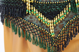 AQUA GREEN BLACK GOLDEN sophisticated hip shawl with jungle print, crochet decoration with golden beads and coins - LG15