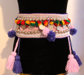 Tr6 - Hipbelt tribal fusion LILAC PURPLE SILVER RED YELLOW GREEN with pom poms and tassels - Ceinture tribale aux pompons et aux sequins LILA MAUVE ARGENT