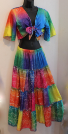 FLUO NEON MULTICOLOR Regenboog set, Gipsy set 2 delig : strokenrok + knooptopje - XS S M - Gypsy costume, Rainbow set, 2-piece FLUORESCENT MULTICOLOR : ruffled skirt + tie top