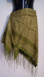 OLIVE GREEN triangular shawl with fringe, coins and bells