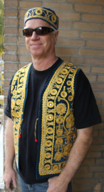 2-pce set: L Large - Men's Waistcoat PETROL BLUE (DEEP TURQUOISE) velvet with curly golden band embroidery and mirrors + Harem hat fez - Gilet 1001 Nuits BLEU PÉTROL
