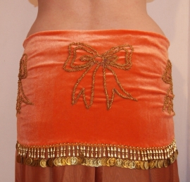 G62 -  XS Extra Small S Small -  ORANGE velvet bellydance hipbelt, GOLDEN beads and coins decorated