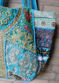 Lichtgewicht Patchwork Banjara Boho India hippie tas tote bag XL met 3 ritsen, GOUDEN borduurwerk, bloemen TURQUOISE14