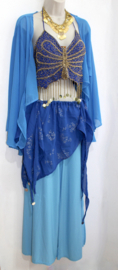 Asymmetrisch, semi transparant, puntenrokje BLAUW met ZILVEREN bloemetjes, chiffon- one size fits S, M, L, XL - size 36/38/40/42