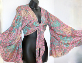 M L XL  - silk wrap and tie top nr2 - Top en soie naturelle fleuri Indien, manches trompette no2