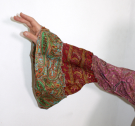 One of a kind wrap and tie top silk, with rushes at the sleeves, Bohemian Indian patchwork design - one size fits XS, S, M, L,  XL