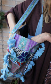 Patchwork Banjara Boho India hippie tas tote bag strandtas TURQUOISE5 GOUD BLAUW, bloemetjes, met kwastjes en kraaltjes