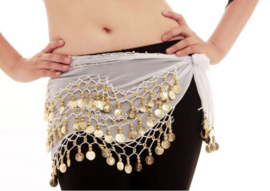 XXS XS - Girls  / boy CHILD bellydance scarf, coinbelt YELLOW WHITE / GOLDEN coins decorated