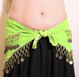 3 points Coinbelt FLUORESCENT GREEN velvet, GOLDEN beads and coins decorated - G19