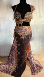 PINK, BROWN, GOLD, MULTICOLOR Egyptian Cabaret style bellydance costume with one slit straight skirt with Rhinestones, Swarovsky crystals