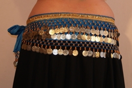 G54  M/L  XL/ XXL - Coinbelt for bellydancing crocheted decorated with beads, coins and glitter band TURQUOISE BLUE GOLD