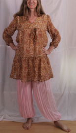 India mini jurkje / tuniek, strokenjurk, gevoerd BRUIN, BEIGE TINTEN gebroken WIT, GOUDEN glinsterdraad  -  L Large / XL Extra Large - Indian hippy mini dress