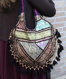 23cm x 13 cm x 6cm - One of a kind Bohemian hippy chic purse, embroidery and patchwork decorated BLACK GOLD BURGUNDY TURQUOISE