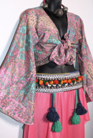 M L XL  - silk wrap and tie top nr2 - Top en soie naturelle fleuri Indien, manches trompette no2