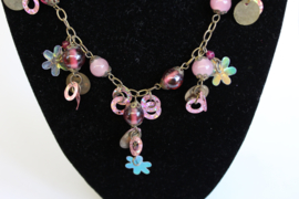 Fantasy 1 - Fantasy Necklace, chain, SILVER, shades of PINK  with coins, flowers and beads