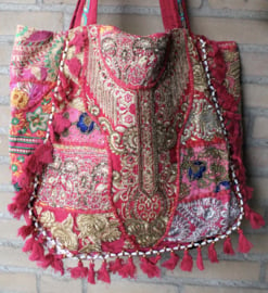 Patchwork Banjari Indian Bohemian Tote Bag strandtas FUCHSIA ROZE10 met rijkelijk GOUDEN borduursel