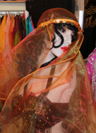 1001 Nacht organza ORANJE GOUDEN Haremsluier met prachtige glans + bijpassend hoofdbandje -