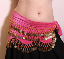Velvet coinbelt PINK with ondulating bottom, GOLDEN coins and beads decorated - G37 L Large XL Extra Large - G37