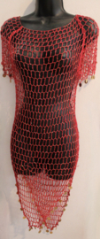 RODE volledig gehaakte kraaltjes tuniek, kort jurkje, Egyptische stijl, afgeboord met muntjes, doorkijk - maat 34 / XS / Extra Small